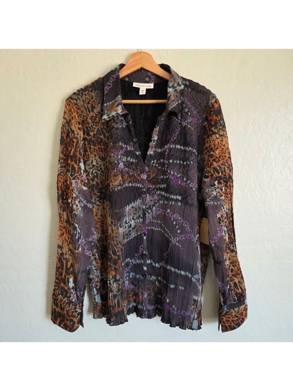 Coldwater Creek Crinkle Animal Print Button Up Shirt Purple/Multi Women's XL NEW